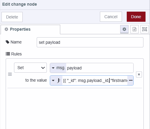 Screenshot displaying the change node setting payload as an array containing a query and operation to perform an delete operation in the database "Screenshot displaying the change node setting payload as an array containing a query and operation to perform an delete operation in the database"