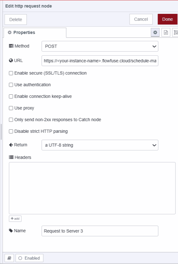 Screenshot displaying http request nodes configuration for sending post request to server 3 "Screenshot displaying http request nodes configuration for sending post request to server 3"